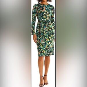Maggy London Abstract Print Keyhole Neck, Tie Waist Sheath Long Sleeve Dress